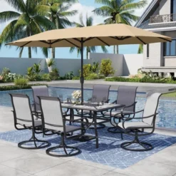 Captiva Designs 8pc Outdoor Wood-look Rectangle Steel Dining Table & Sling Swivel Chairs & Market Umbrella -Furniture GUEST 00000995 04be 4c5e 95c6 100602840f03