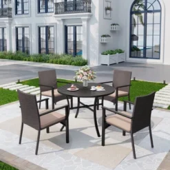 Captiva Designs 5pc Patio Dining Set Steel Frame Table With Umbrella Hole & Rattan Chairs With Removable Cushions -Furniture GUEST 00776018 fb43 44c9 aad7 5956db49ac63