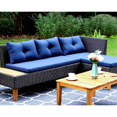 3pc Outdoor Acacia Wood Conversation Set With Sectional Sofa & Cushions - Captiva Designs 7 3pc Outdoor Acacia Wood Conversation Set With Sectional Sofa & Cushions - Captiva Designs - Image 5