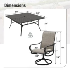 Captiva Designs 9pc Spacious Slat-top Square Metal Table With Umbrella Hole & Textilene Swivel Chairs -Furniture GUEST 02419ce6 d960 4a3c 8f18 5f218ef017db