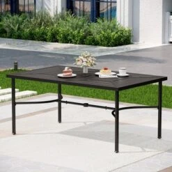 Captiva Designs 7pc Patio Dining Set With Geometric Pattern Rectangle Table & Sling Chairs With Wood-look Armrest -Furniture GUEST 02504e33 df1f 49cb 8659 be88da41dca3