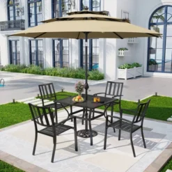 5pc Metal Indoor/Outdoor Square Gridded Dining Table With Arm Chairs & Umbrella Hole - Captiva Designs: Weather-Resistant Set -Furniture GUEST 027fd9f2 2c31 4d47 a52d 012482d4fdfa