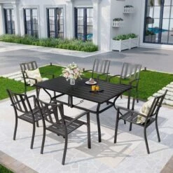 7pc Outdoor Rectangular Table & 6 Chairs With Striped Design - Black - Captiva Designs: Patio Dining Set, Weather-Resistant -Furniture GUEST 02bd437f e143 47aa a307 0330be949e2a