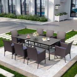 Captiva Designs 9pc Spacious Slat-top Rectangle Metal Table With Umbrella Hole & Armrest Rattan Chairs -Furniture GUEST 03a635d4 d598 4aee 9dab 3916acd7886c