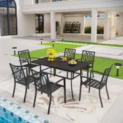 7pc Patio Dining Set With 59"x35" Steel Table With 1.57" Umbrella Hole & Steel Arm Chairs - Black - Captiva Designs -Furniture GUEST 03c6e69d c415 4f30 adbb e5898c9d136f