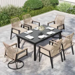 Captiva Designs 7pc Patio Expandable Steel Dining Table And Mixed Wicker Chairs With Thick Cushions -Furniture GUEST 056ff14c a354 4696 b214 94d9fb0c0f53