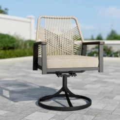 Captiva Designs 9pc Outdoor Slat-top Square Metal Dining Table And Thick Cushion Swivel Wicker Chairs