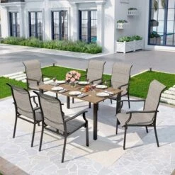 7pc Patio Dining Set With Wood Grain Tabletop & Metal Padded Arm Chairs - Captiva Designs -Furniture GUEST 06cb0d8c c26a 45a1 b2dd ffa286de23e8