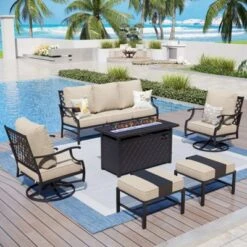 Captiva Designs 6pc Metal Patio Outdoor Conversation Fire Pit Set With Swivel Armchairs And Ottomans -Furniture GUEST 074a2dde 7bcf 4b02 9e07 25d31ac48fe2