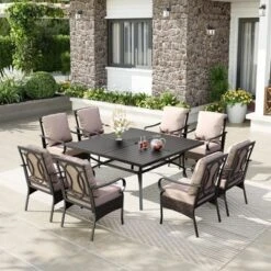 Captiva Designs 9pc Spacious Slat-top Square Metal Table & Rattan Metal Chairs With Thick Cushions -Furniture GUEST 074d35b1 cee3 4ce4 89f8 c7a499b0c553