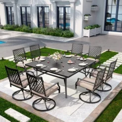 Captiva Designs 9pc Spacious Slat-top Square Metal Table With Umbrella Hole & Swivel Steel Chairs -Furniture GUEST 0808358b 631d 4734 81b5 8fba611b06c3