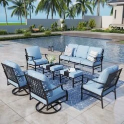 Captiva Designs 7pc Metal Patio Outdoor Conversation Set With Swivel Grid-back Chairs, Ottomans For Garden, Poolside, Backyard -Furniture GUEST 08d0fe6f aa78 48f6 b1cb b4ea0f4fb7fa