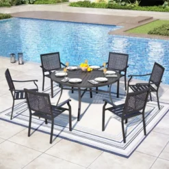 Captiva Designs 7pc Black Round Slatted Steel Table With Umbrella Hole& Metal Armrest Chairs -Furniture GUEST 08ea85e4 c511 4d47 98b2 1d137172eb95