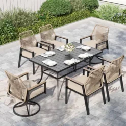 Captiva Designs 7pc Patio Dining Rectangle Steel Table And Mixed Wicker Chairs With Thick Cushions -Furniture GUEST 09bf66e6 31b7 4ed3 8c73 44e9792b2aa6