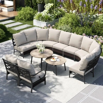 Captiva Designs 12pc Outdoor Half-Moon Sectional Patio Conversation Sets With 2 Round Table For Garden, Poolside, Balcony, Backyard 14 Captiva Designs 12pc Outdoor Half-Moon Sectional Patio Conversation Sets With 2 Round Table For Garden, Poolside, Balcony, Backyard - Image 12