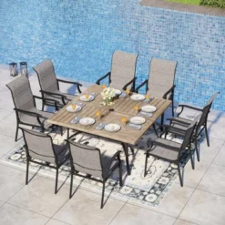 Captiva Designs 9pc Patio Spacious Black Steel Dining Table & High Back Padded Grayish Brown Sling Armrest Chairs -Furniture GUEST 0d53e564 1525 4eae 97e4 c8eaf9a31de1