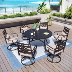 Captiva Designs 7pc Black Round Slatted Steel Table With Umbrella Hole & Metal Chairs With Seat Cushions And Waist Pillows -Furniture GUEST 0d692dcd b97a 4257 8a2b 4f8e3539d743