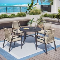 Captiva Designs 5pc Patio Dining Steel Set With Slat-top Round Table & Beige Rattan Chairs With Thick Cushions -Furniture GUEST 0e09f2d0 c712 49a0 bd79 2d0520bccfdd