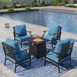 Captiva Designs 5pc Metal Patio Outdoor Conversation Fire Pit Set With Grid-back Armchairs For Garden, Poolside, Backyard -Furniture GUEST 0f419bbe 7219 443b acf0 305ac6ced6e3