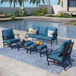 Captiva Designs 5pc Metal Patio Outdoor Conversation Set With Rocking Grid-back Chairs And Ottomans -Furniture GUEST 11aa6661 bf01 4038 b90e 89e0909d6ba7