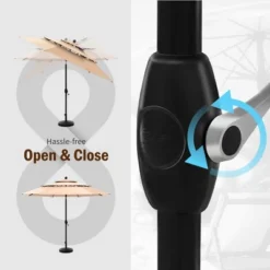 Captiva Designs 6pc Outdoor Slat-top Round Metal Dining Table & Stackable Metal Chairs & Beige Umbrella -Furniture GUEST 1361ce16 0555 4f8f abf5 5c5bf569b808