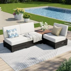 Captiva Designs Outdoor Patio Modular Sectional Sofa Conversation Set With Deep Cushions And Wood Grain Table -Furniture GUEST 1410c912 7f6b 4e07 8fb0 8b181ae4ebfe