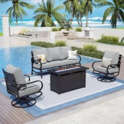 Captiva Designs 4pc Metal Patio Seating Furniture Fire Pit Set With Swivel Chairs For Garden Porch Backyard -Furniture GUEST 1538baf8 7e20 41c1 81ba cdb3d51f9ba3
