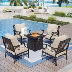 Captiva Designs 5pc Metal Patio Outdoor Conversation Fire Pit Set With Grid-back Armchairs For Garden, Poolside, Backyard -Furniture GUEST 16a8a06d ef78 4bc8 8fbb 66183bc1309b