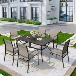 Captiva Designs 7pc Patio Dining Set With Slat-top Rectangle Table & Sling Fixed Chairs -Furniture GUEST 184028a3 8221 4084 a050 f5391d04568f