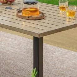 7pc Patio Dining Set With Wood Grain Tabletop & Metal Padded Arm Chairs - Captiva Designs -Furniture GUEST 184ac135 9a1a 4c87 93ad f5b5ddb62b6a