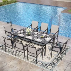 Captiva Designs 9pc Spacious Slat-top Rectangle Metal Table With Umbrella Hole & Fixed Steel Chairs With Gourd Head Armrests -Furniture GUEST 19179981 b4b3 44ea 8ced 99e2506b5cfc