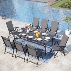 Captiva Designs 9pc Spacious Slat-top Rectangle Metal Table With Umbrella Hole & Textilene Reclining Foldable Chairs -Furniture GUEST 1b13991a 4b19 4a21 9eb4 c6f21f1b1947
