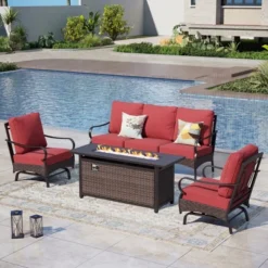 Captiva Designs 4pc Extra Large Metal And Rattan Outdoor Patio Fire Pit Set With Rocking Armchairs -Furniture GUEST 1b40f062 43d0 45a4 a4f3 1a01bd3c7709