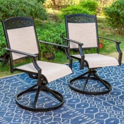 7pc Outdoor Dining Set With Swivel Sling Chairs & Large Metal Rectangle Table With Umbrella Hole - Captiva Designs