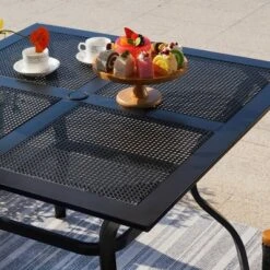 5pc Metal Indoor/Outdoor Square Dining Table With Arm Chairs & Umbrella Hole - Captiva Designs: Weather-Resistant Set