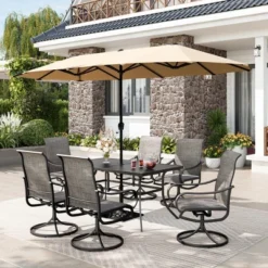 Captiva Designs 8pc Patio Dining Set With Rectangular Steel Table & Sling Swivel Chairs & Market Umbrella -Furniture GUEST 1be25d58 7d30 4bd2 bc7a b8ddf00c9ef9