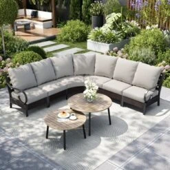 Captiva Designs 8pc Outdoor Half-Moon Sectional Patio Conversation Sets With 2 Round Table For Garden, Poolside, Balcony, Backyard -Furniture GUEST 1e7c6c3d 6983 442d b5f8 0e67545580f5