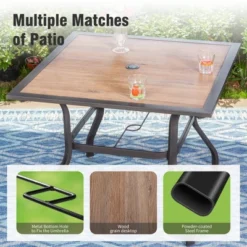 Captiva Designs 6pc Patio Wood-look Square Dining Table & C-spring Sling Chairs & Beige Umbrella -Furniture GUEST 1ef36b36 6fb1 4c1a 899c 5fc8acf8c286 1