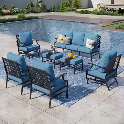 Captiva Designs 7pc Metal Patio Outdoor Conversation Set With Rocking Grid-back Chairs, Ottomans For Garden, Poolside, Backyard 12 Captiva Designs 7pc Metal Patio Outdoor Conversation Set With Rocking Grid-back Chairs, Ottomans For Garden, Poolside, Backyard - Image 10