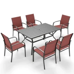 Captiva Designs 7pc Patio Dining Set With Slat-top Rectangle Table & Sling Fixed Chairs -Furniture GUEST 211be1ca 56f4 4d4a 80c4 8515e4cbd025