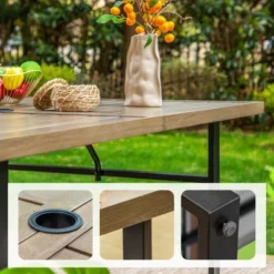 Captiva Designs 7pc Patio Dining Set Wood-look Rectangle Table & Cushioned Metal Chairs -Furniture GUEST 237ab242 06be 4d3b b1c1 ebd7b7f247bd