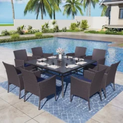 Captiva Designs 9pc Spacious Slat-top Square Metal Table With Umbrella Hole & Armrest Rattan Chairs With Cushions -Furniture GUEST 24c091c1 63af 44ca b8de 975d724ad4a8