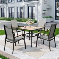 Captiva Designs 5pc Patio Dining Set Steel Frame Table With Umbrella Hole & Gray Textilene Chairs With Wood-like Armrests -Furniture GUEST 24edadd3 62e9 4fd3 887c 058b02b033a7