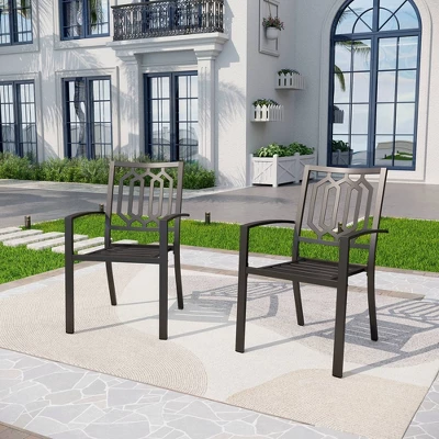 5pc Outdoor Dining Set With Stackable Chairs & Round Metal Table With Umbrella Hole - Black - Captiva Designs: Weather-Resistant Patio Furniture 8 5pc Outdoor Dining Set With Stackable Chairs & Round Metal Table With Umbrella Hole - Black - Captiva Designs: Weather-Resistant Patio Furniture - Image 6