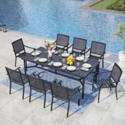 Captiva Designs 9pc Spacious Slat-top Rectangle Metal Table & Steel Stackable Chairs -Furniture GUEST 25ff7826 762d 4128 a710 786af8cc62a9
