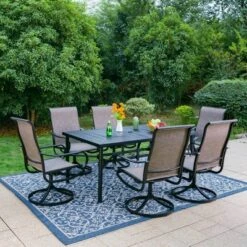 7pc Outdoor Dining Set With Swivel Sling Chairs & Large Metal Rectangle Table With Umbrella Hole - Gray - Captiva Designs -Furniture GUEST 263a5b38 75c7 4aed 9ada 59966d95297d