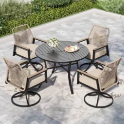Captiva Designs 5pc Patio Slat-top Round Metal Dining Table And Thick Cushion Swivel Wicker Chairs -Furniture GUEST 266198a4 592b 4ed0 ab56 790818c2444f