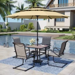 Captiva Designs 6pc Outdoor Patio Steel Frame Dining Table & Armrest Chairs & Market Umbrella -Furniture GUEST 268a6f00 1d09 4048 8016 dff45cae8fcb