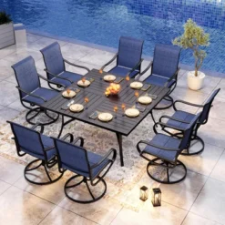 Captiva Designs 9pc Spacious Slat-top Square Metal Table With Umbrella Hole & Padded Textilene Swivel Chairs -Furniture GUEST 289961af 54ae 4ead 8ca7 418130f21f68