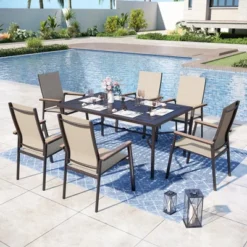 Captiva Designs 7pc Patio Dining Set With Geometric Pattern Rectangle Table & Sling Chairs With Wood-look Armrest -Furniture GUEST 2a9360cd 9542 40b3 8a63 485d58fd0386